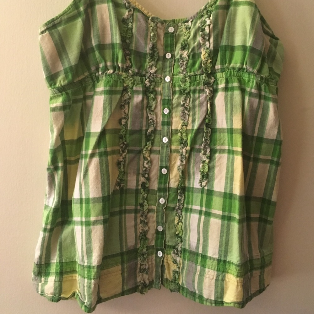 Green plaid tank with small ruffles.